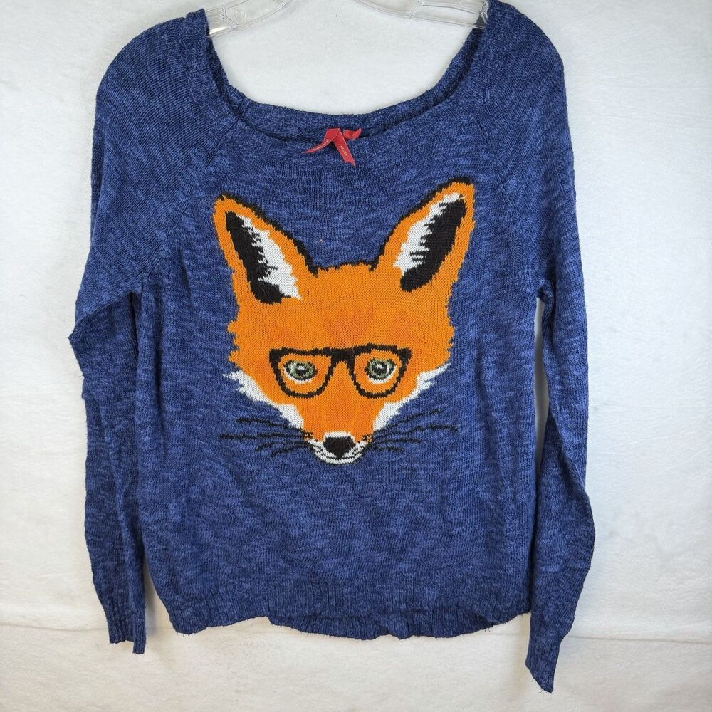 Red Camel Womans Sweater Royal Blue Fox Face Long‎ Sleeve Sz L